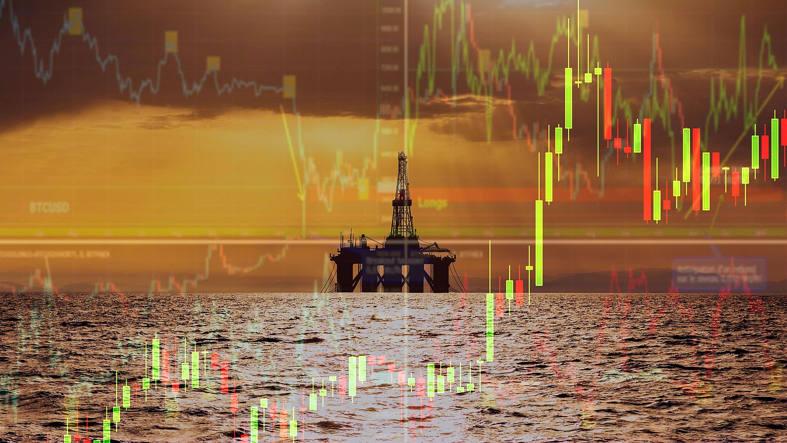Una plataforma petrolífera, con su estructura metálica, se destaca en medio del mar bajo un cielo anaranjado y amarillo. Gráficos bursátiles con velas verdes y rojas ilustran la fluctuación de los precios.