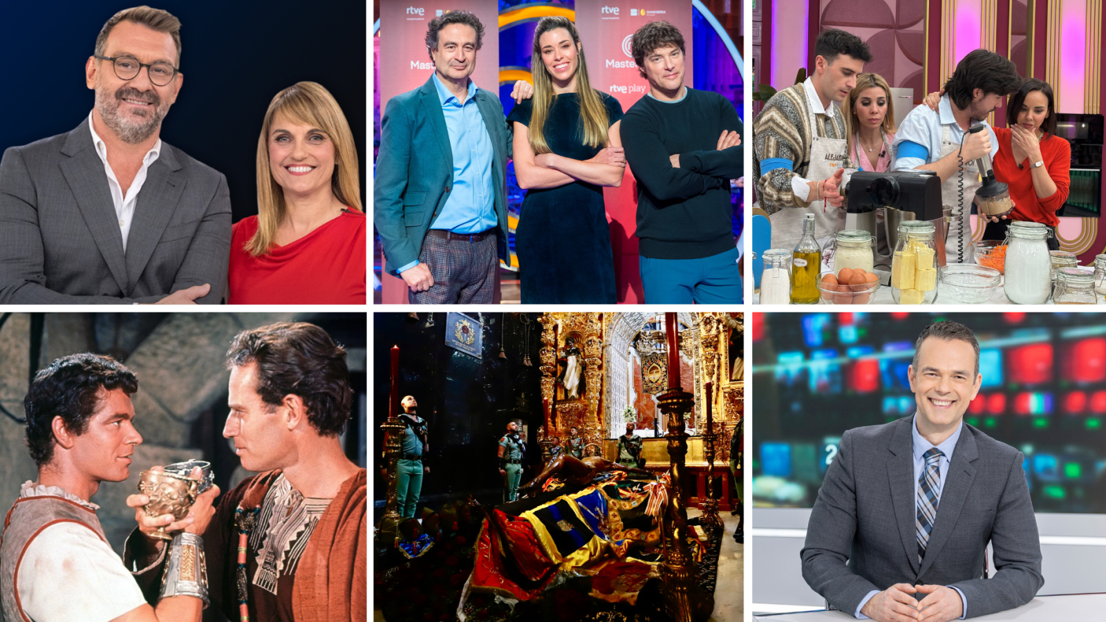 La imagen divide la programación de La 1 en seis secciones, mostrando presentadores, programas de cocina, escenas de películas y eventos religiosos, reflejando la cobertura especial de la cadena durante la Semana Santa.