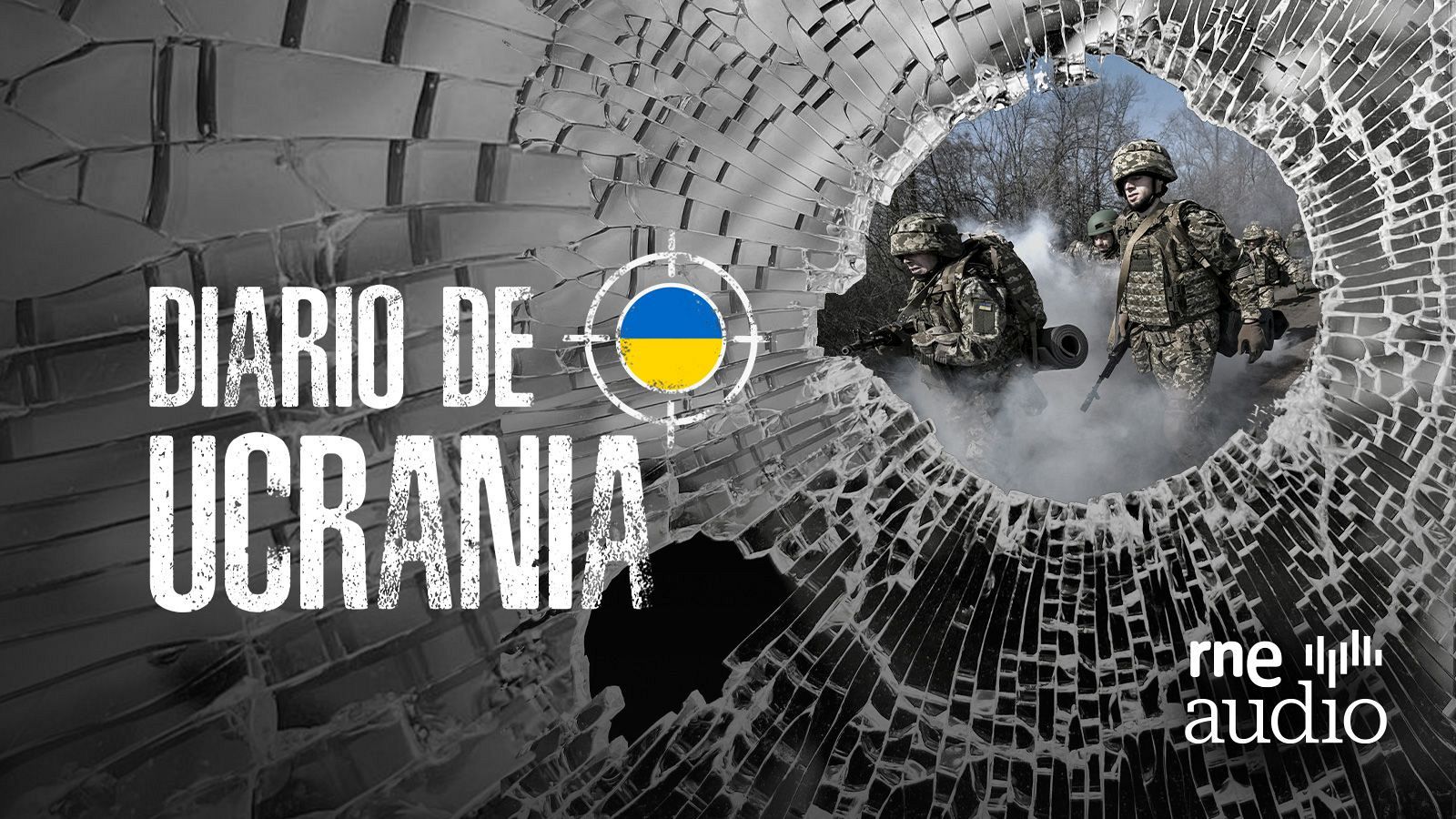 Un diseño muestra un cristal roto que revela una escena bélica. En la parte superior izquierda, se lee "Diario de Ucrania" y un elemento gráfico con los colores de una bandera. Soldados con uniformes de camuflaje y humo sugieren un escenario de conflicto.