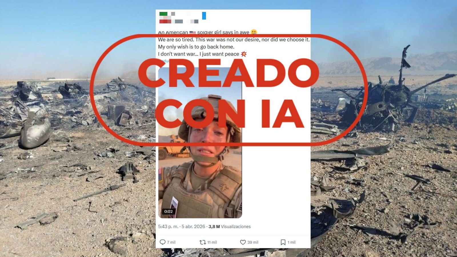 No es una soldado de EE.UU. llorando en Irán, es un vídeo creado con IA