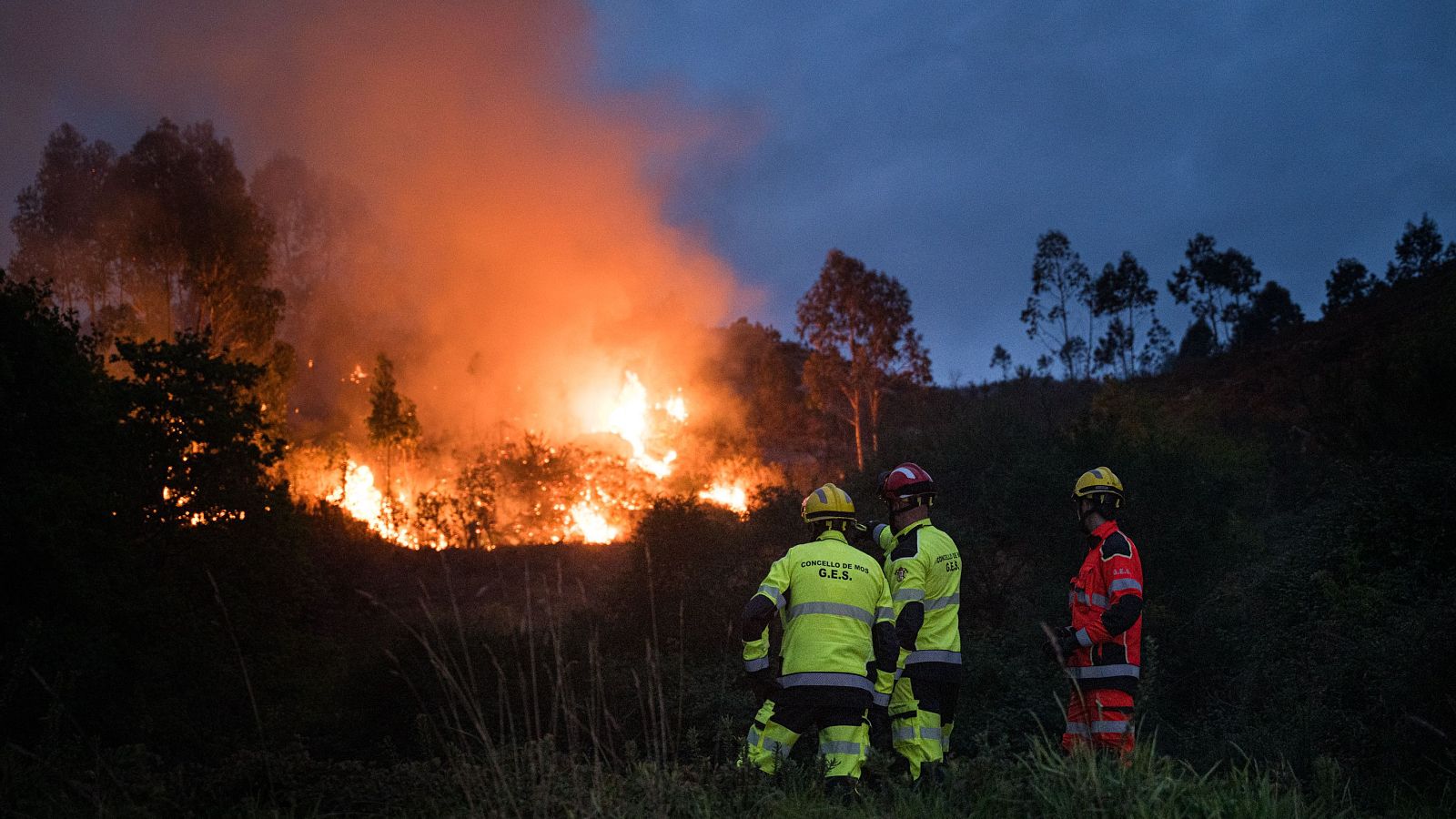 Incendios forestales: bomberos trabajan en la extinción del fuego en el norte de España.