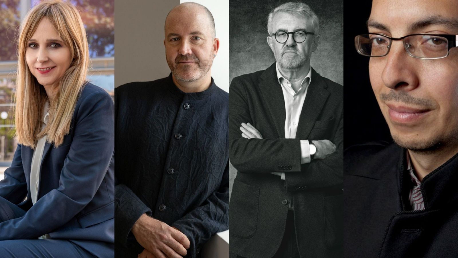 Cuatro retratos individuales muestran a personas de diferentes edades y estilos. Una mujer rubia sonríe, un hombre calvo posa, un hombre mayor con gafas cruza los brazos y un joven con gafas completa la serie.