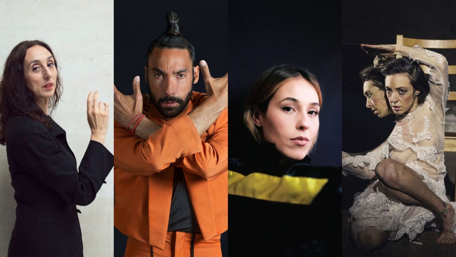 Un montaje de cuatro fotografías individuales muestra a dos mujeres y dos hombres. Cada persona posa de manera diferente, con distintas vestimentas y en fondos variados, incluyendo paredes grises y fondos negros.