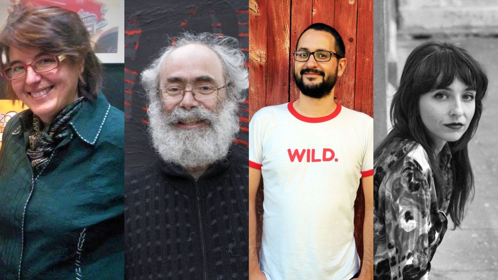 La fotografía muestra cuatro retratos individuales. Se distinguen dos mujeres, una con gafas y camisa oscura y otra en blanco y negro con una blusa estampada, y dos hombres con barba y gafas, uno de ellos con una camiseta con la palabra "WILD."