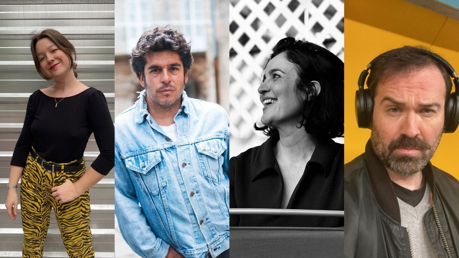 Un montaje de cuatro retratos individuales muestra a personas con diferentes estilos y fondos. Se observa una joven con ropa de cebra, un hombre con chaqueta vaquera, una mujer de perfil en blanco y negro y un hombre con auriculares.