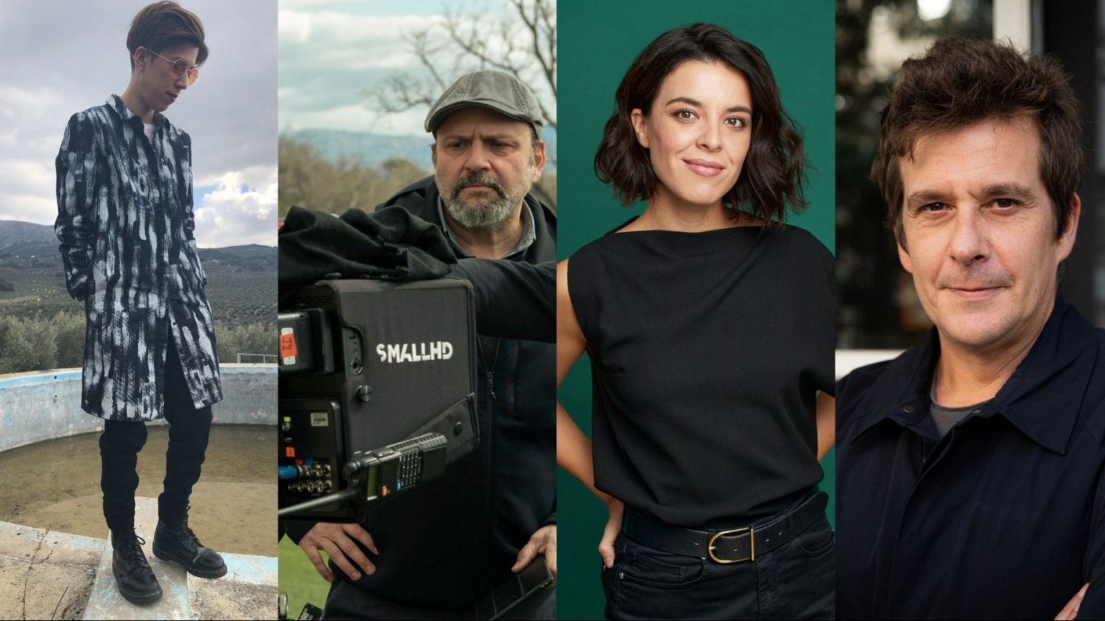 Montaje de cuatro fotografías: un joven con abrigo y gafas, un hombre con barba y cámara de vídeo, una mujer con top negro y vaqueros, y un hombre con chaqueta azul, cada uno en diferentes entornos.