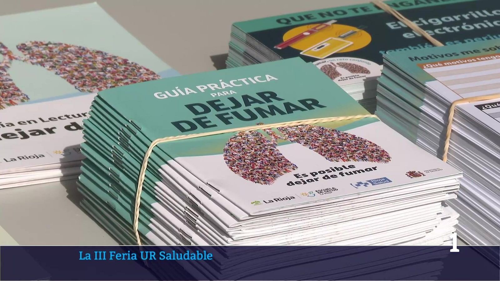 Una imagen muestra folletos sobre la prevención del tabaquismo, destacando una guía con el título "GUÍA PRÁCTICA PARA DEJAR DE FUMAR" y la imagen de unos pulmones formados por cigarrillos. Se observan logotipos y otros folletos.