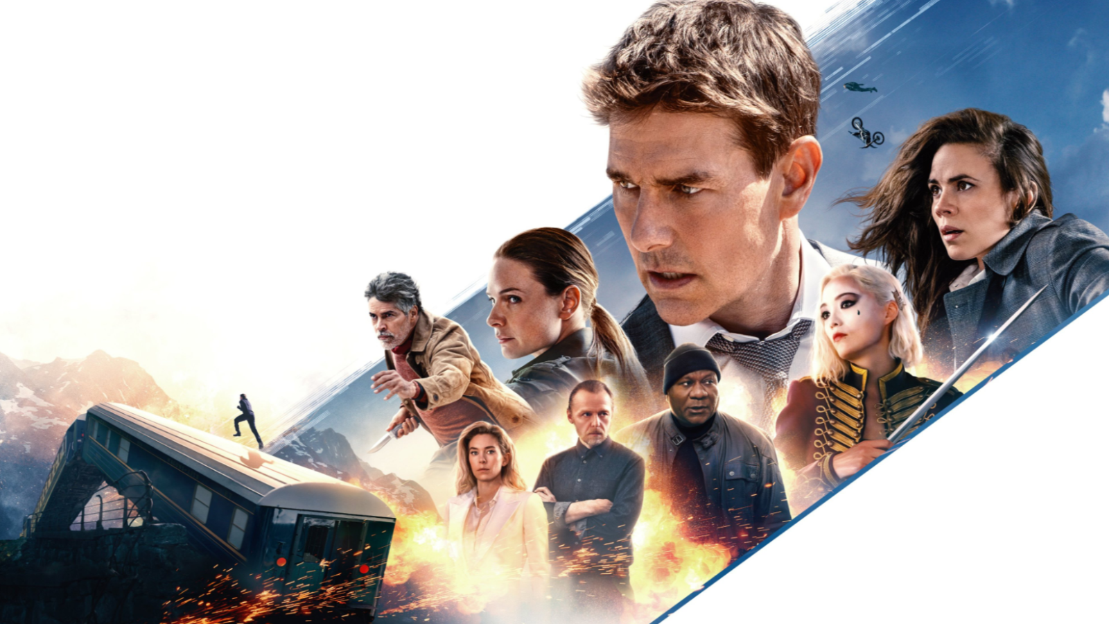 Un cartel de la película "Misión Imposible" presenta a un hombre concentrado rodeado de otros personajes. Se observa un tren descarrilado y explosiones, indicando una escena de acción en un paisaje montañoso.