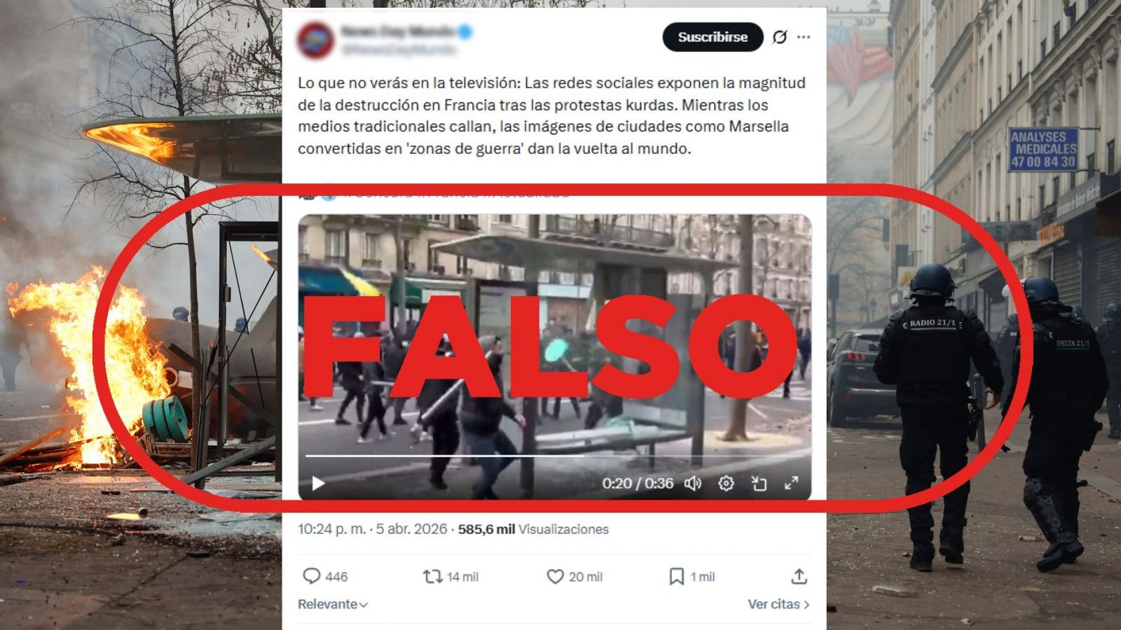 Mensaje que difunde la falsa idea de que el vídeo muestra protestas kurdas en Marsella en la actualidad