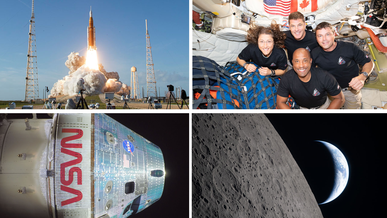 Cuatro fotografías ilustran la misión Artemis II: un lanzamiento espacial con humo, cuatro astronautas sonriendo en una nave con banderas, un primer plano del exterior de una nave con el logo de la NASA y una vista de la superficie lunar con la Tierra.