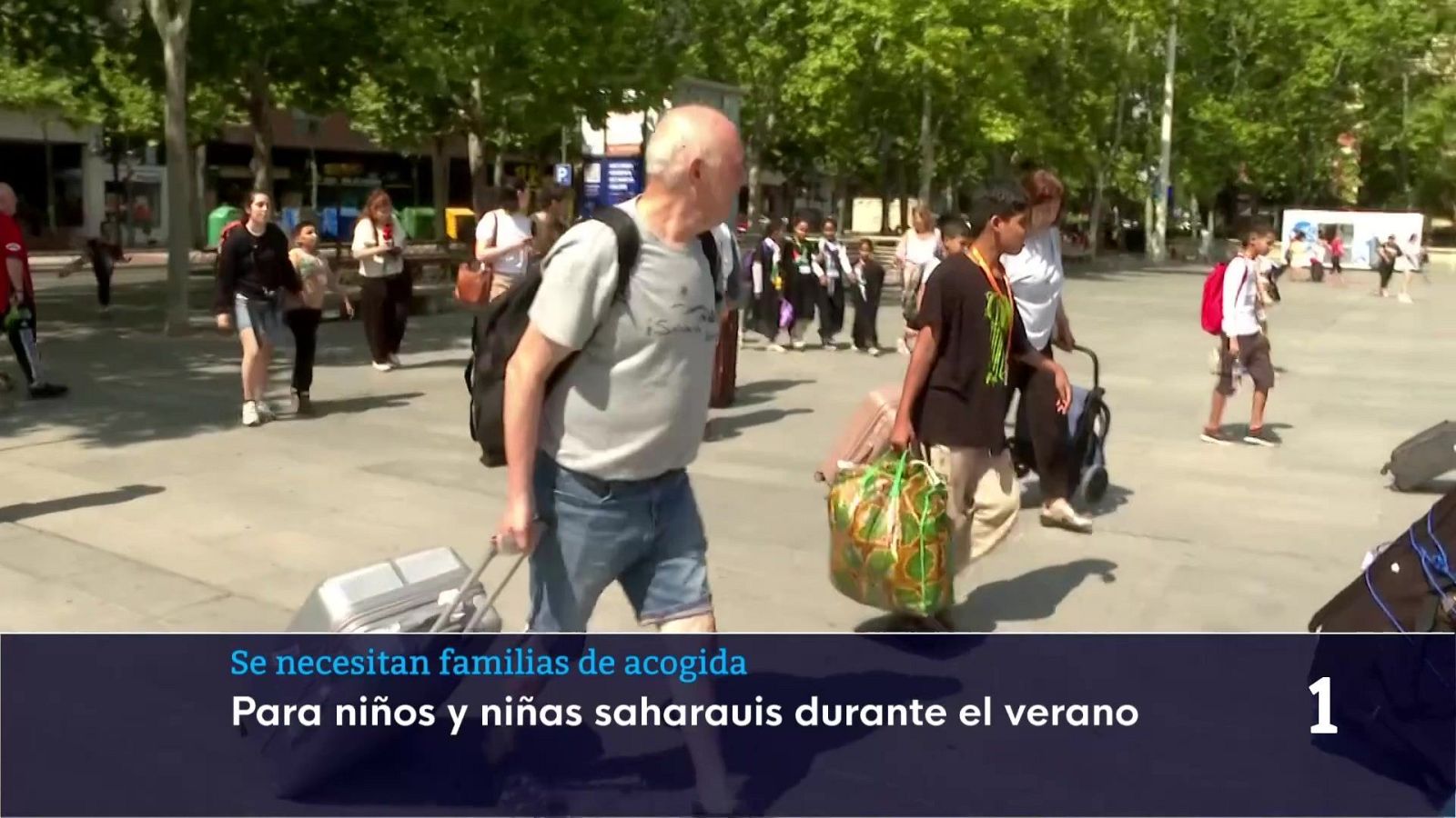 Una plaza de La Rioja es el escenario donde un hombre mayor y un niño con equipaje caminan, seguidos por un grupo de niños. Un anuncio solicita familias de acogida para menores.