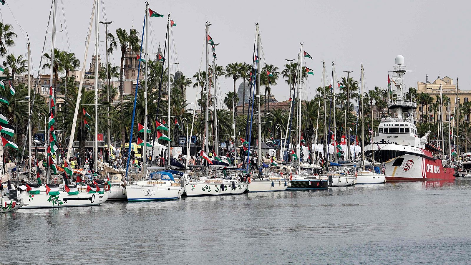 Diversos vaixells de la Global Sumud Flotilla amarrats al port de Barcelona la vigília de salpar rumb a Gaza