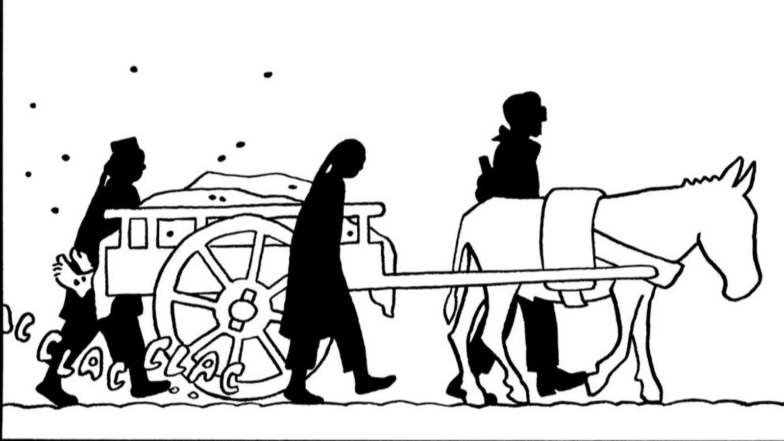 En una viñeta sombría, una figura en silueta arrastra un carro de madera con cuerpos cubiertos, acompañada por otra figura cabizbaja y un burro que tira del carro, con una figura montada.