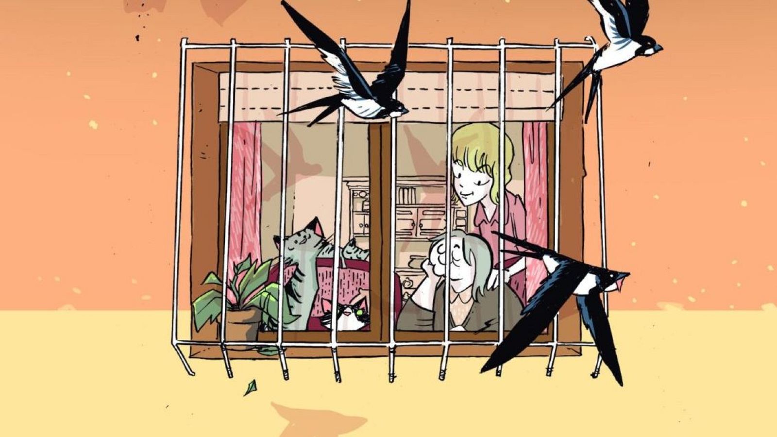 En la portada de un cómic, una ventana enrejada enmarca una escena interior. Dos mujeres, una joven rubia y una mayor de pelo gris, comparten el espacio. Fuera, un cielo anaranjado y golondrinas sugieren el atardecer.