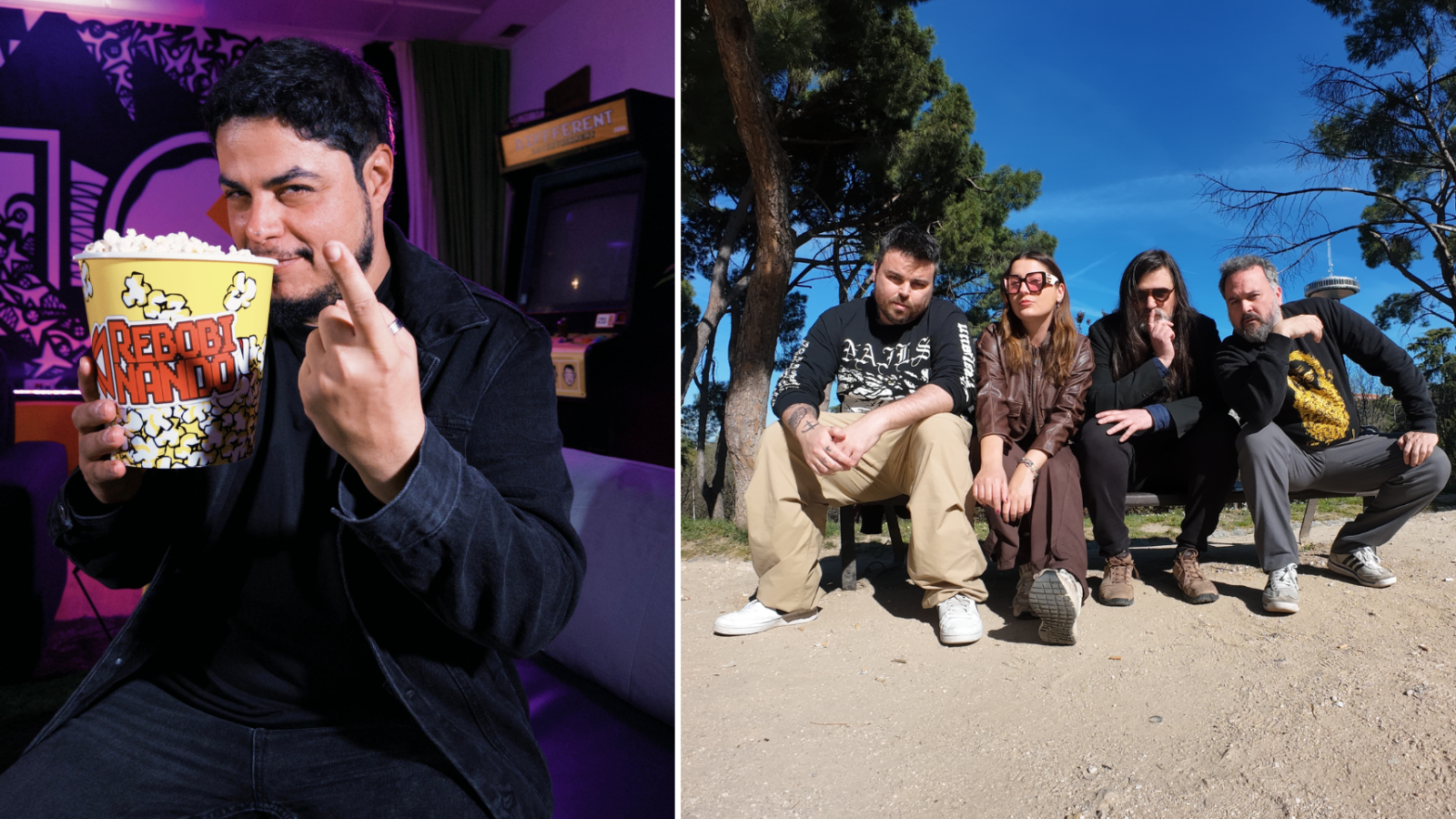 David Sainz, con un cubo de palomitas, y cuatro personas en un parque, son los protagonistas de las dos escenas que componen la imagen.