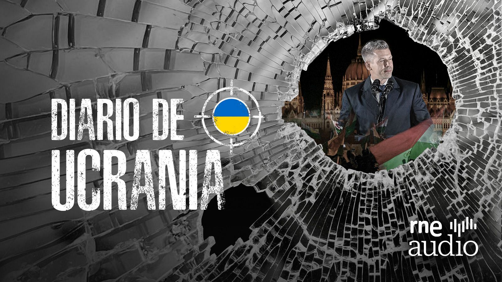 Un cristal roto muestra el título "Diario de Ucrania" y el logo de la bandera ucraniana. A través del agujero, se ve a un hombre con traje y corbata sosteniendo una bandera tricolor, con un edificio de fondo.