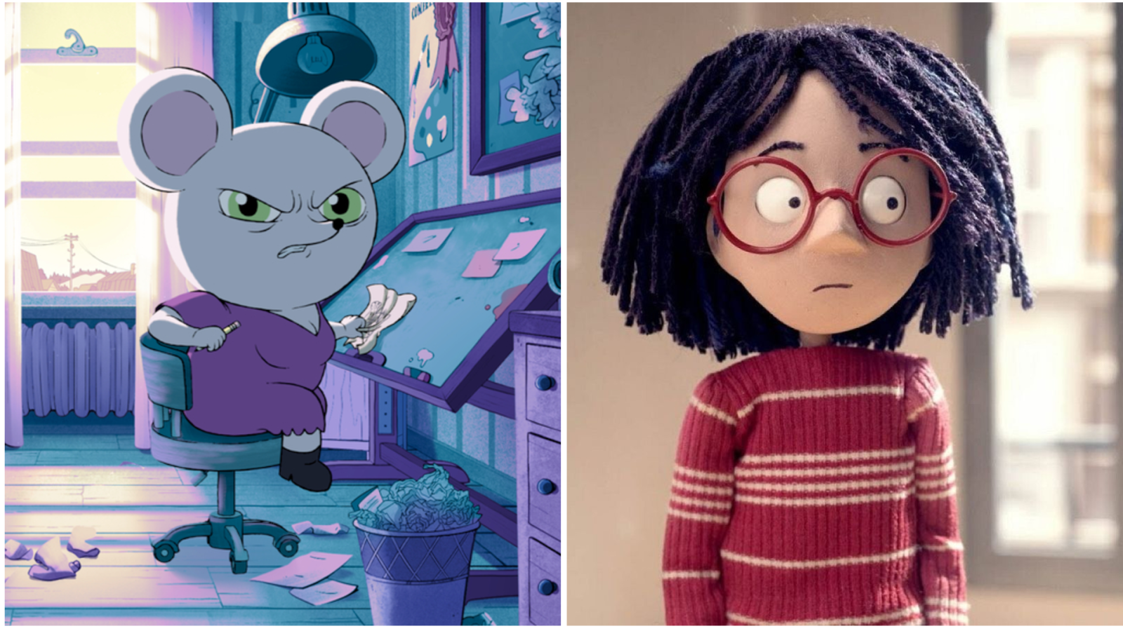 Dos fotogramas de animación: un personaje con apariencia de ratón, vestido de morado y fumando, y una niña con rastas, gafas rojas y un suéter a rayas, mostrando una expresión seria.