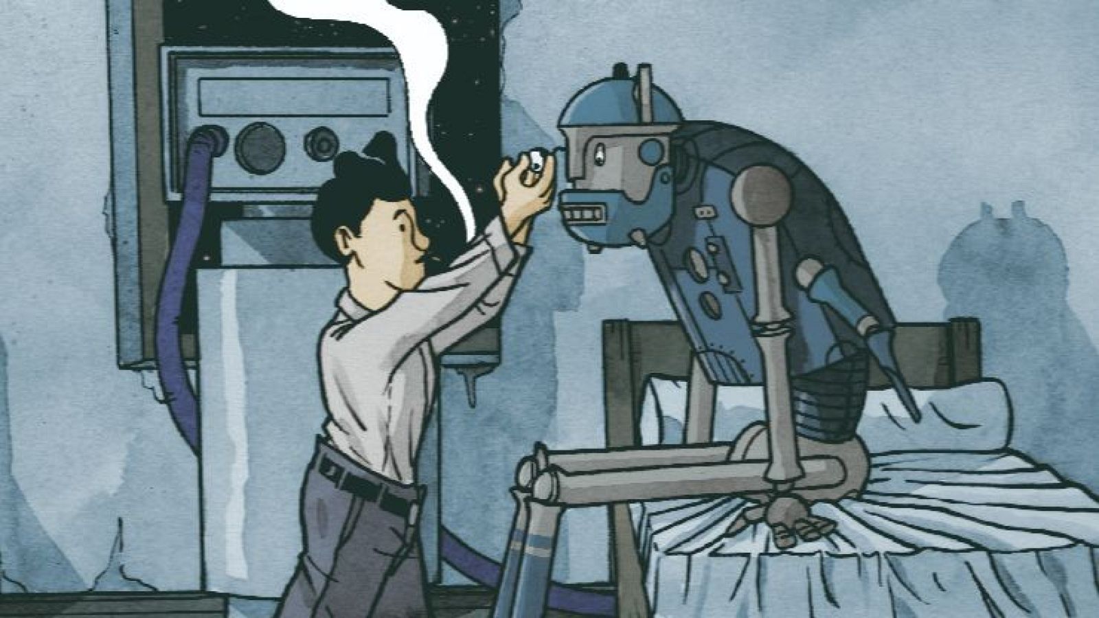 Lem, el joven protagonista, trabaja en la cabeza del robot Grandullón, que está sentado en una cama. El entorno es una habitación sencilla con un aparato electrónico en la pared.