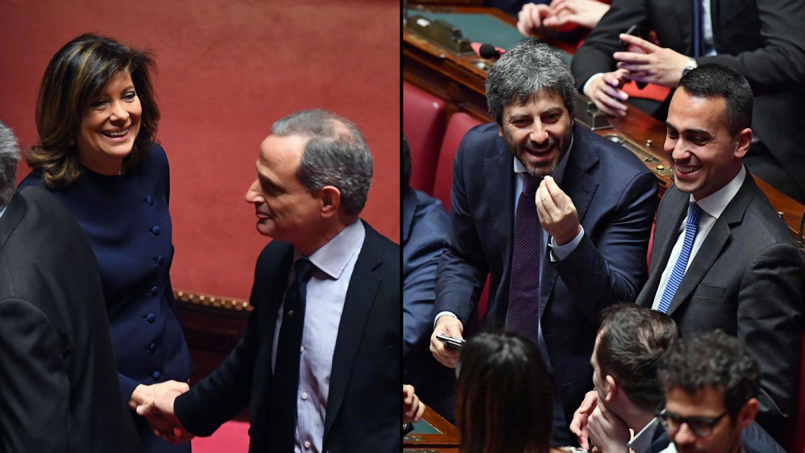 Fotomontaje en el que se ve a Maria Elisabetta Casellati, felicitada por el senador de Forza Italia Francesco Maria Giro; y a Roberto Fico, junto al líder del Movimiento 5 Estrellas, Luigi Di Maio