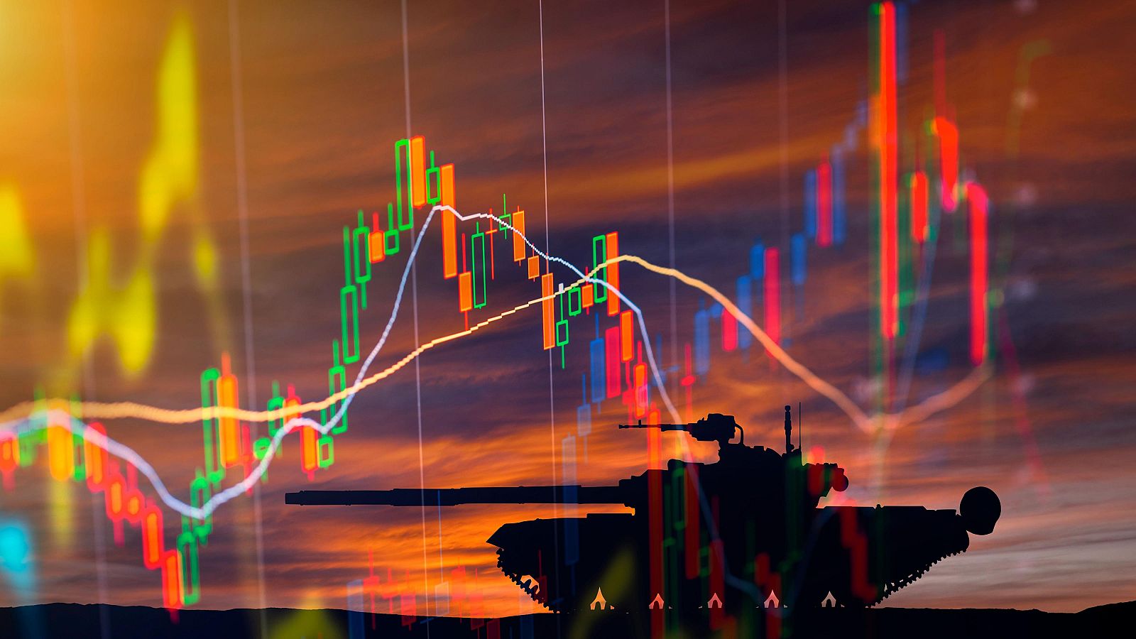 Una silueta de tanque se recorta contra un cielo anaranjado, sobre el cual se muestra un gráfico de velas con barras de diferentes colores y líneas blancas, sugiriendo el impacto económico de un conflicto.