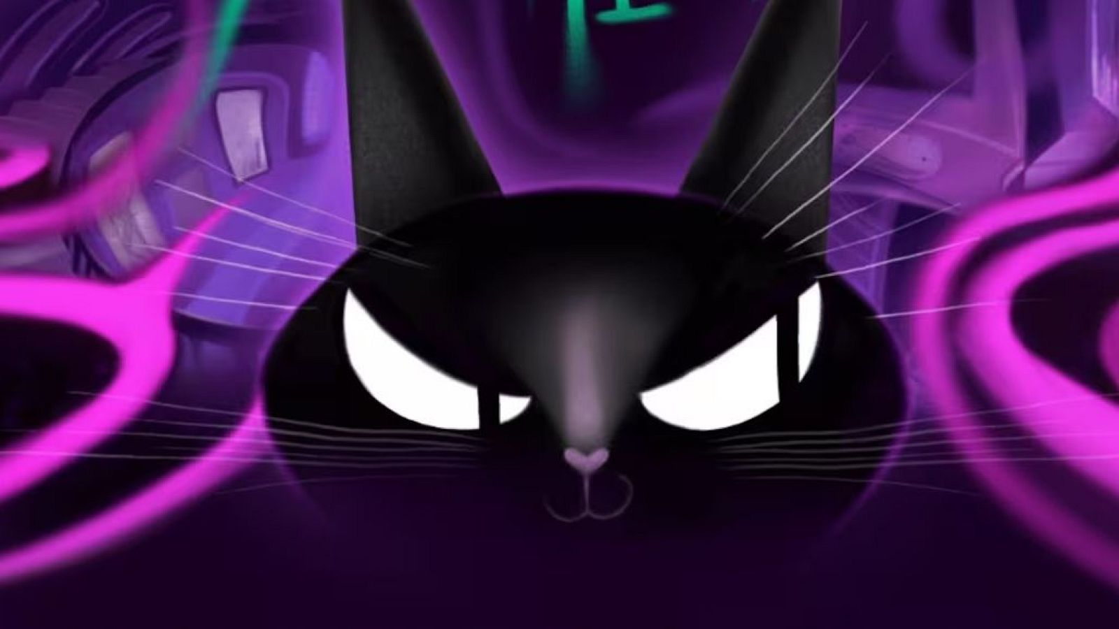 Un gato negro con ojos blancos y nariz rosa protagoniza un cartel con un fondo morado oscuro y formas abstractas. El título, "Hay algo detrás de ti", crea una atmósfera enigmática.