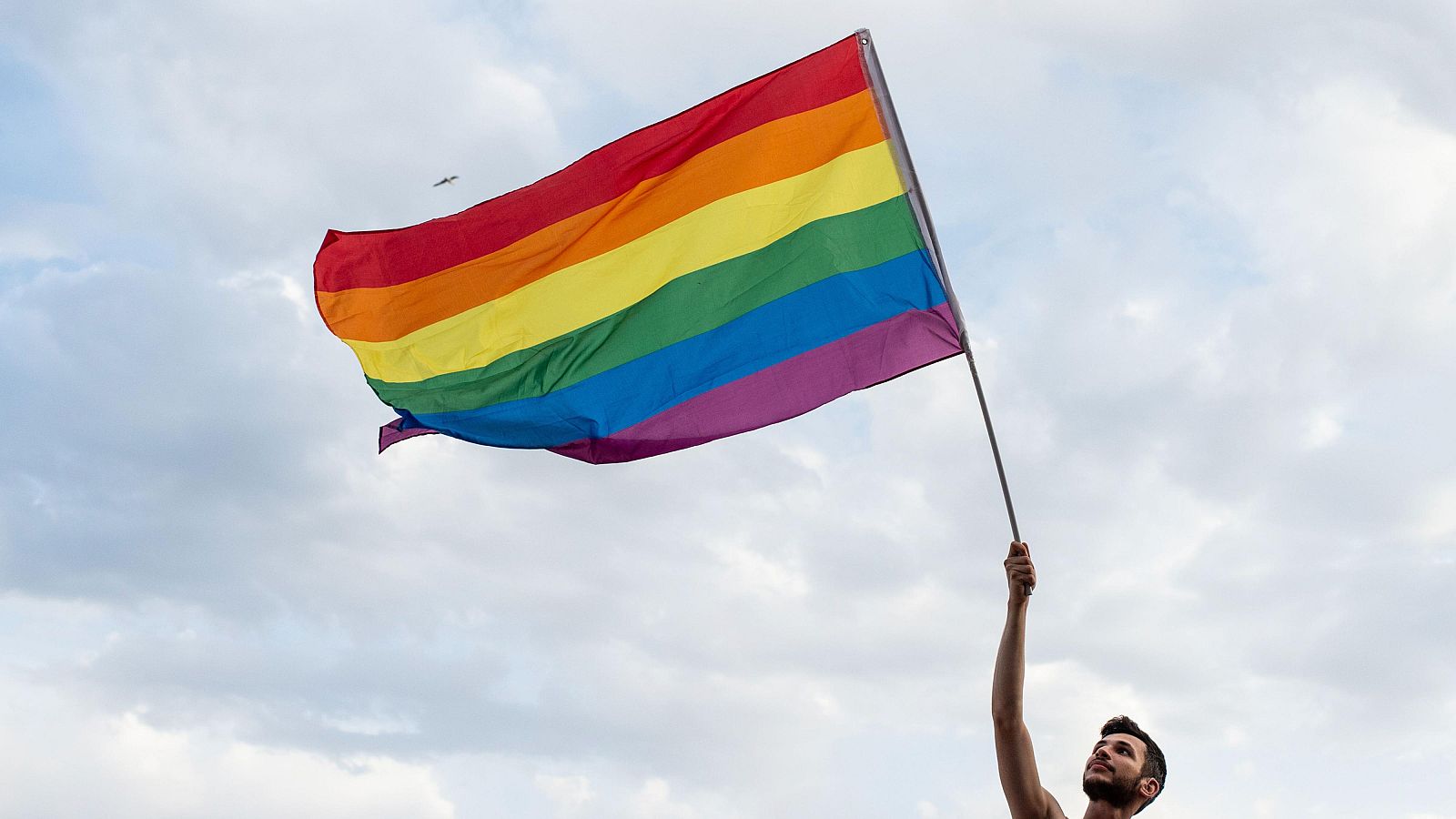 Una persona sostiene una bandera LGBT