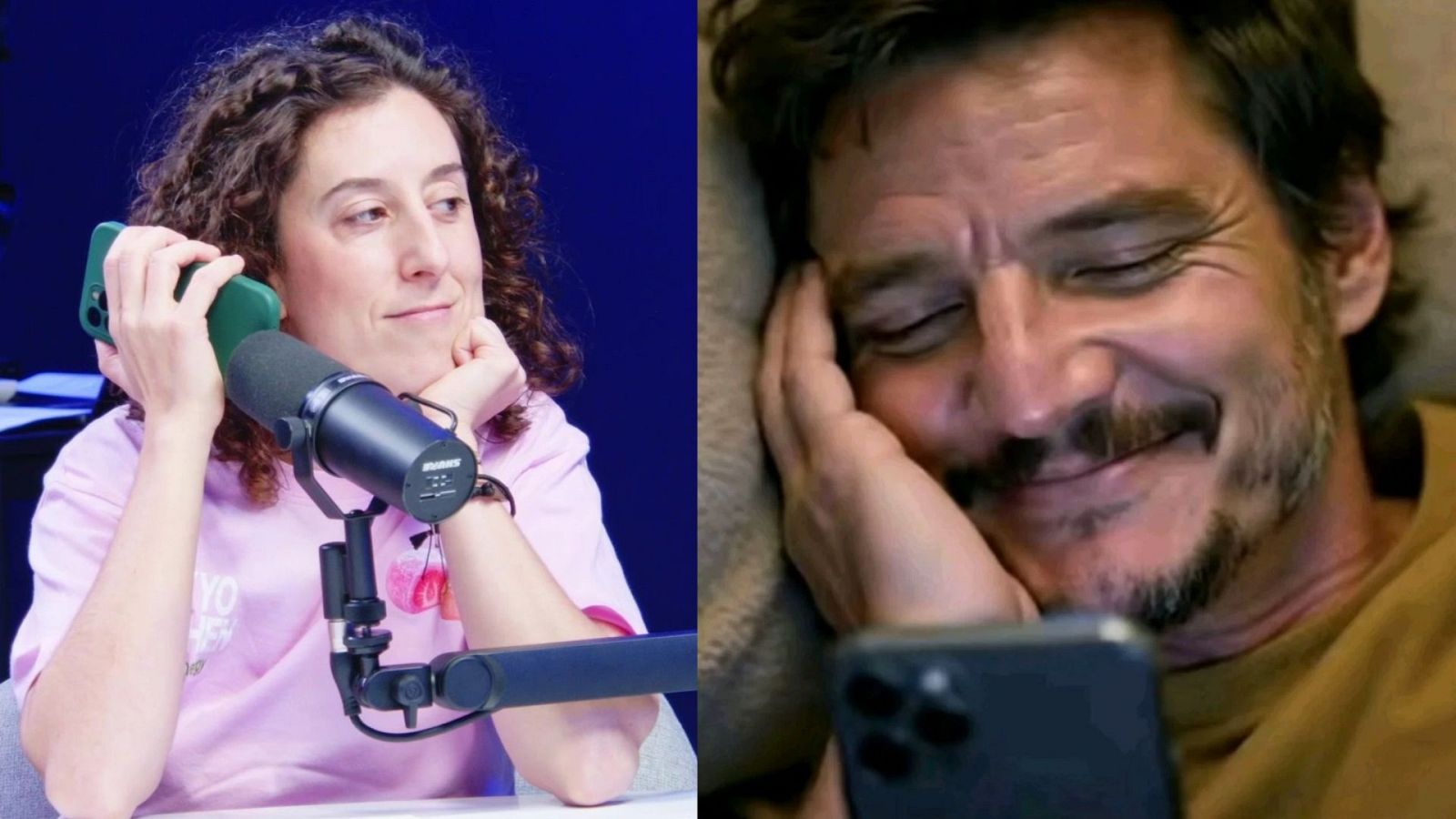 En la imagen, una mujer con camiseta rosa y un hombre con barba, ambos con teléfonos móviles, parecen estar en un estudio. El texto superior indica "Radio" y el titular menciona una historia de superación.