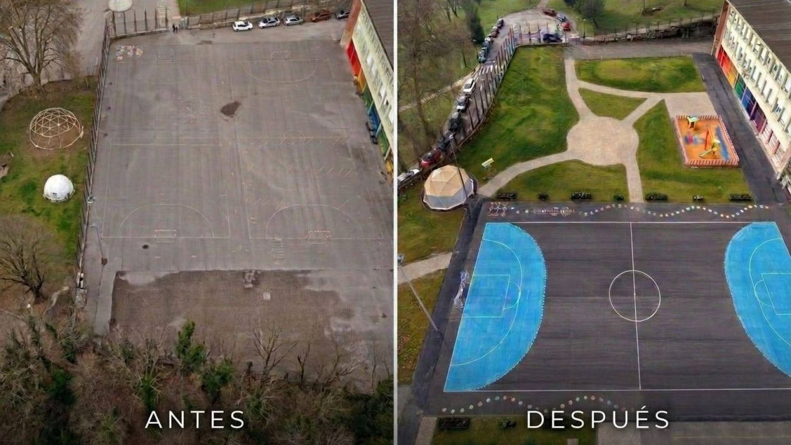 Comparativa del antes y el después de la renovación de un patio escolar, mostrando un cambio significativo en la superficie, las canchas deportivas y la vegetación, con la adición de zonas de juego y caminos.