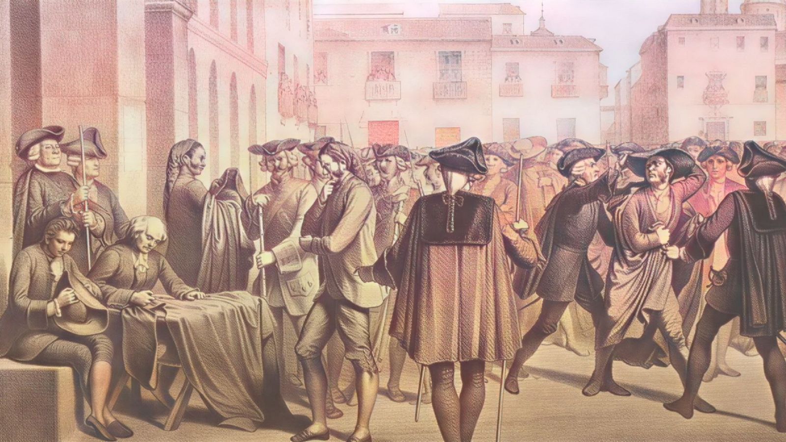 Una litografía coloreada de Eusebio Zarza representa una escena del siglo XVIII donde hombres son obligados a usar capas cortas y tricornios en una plaza, recreando un momento histórico.