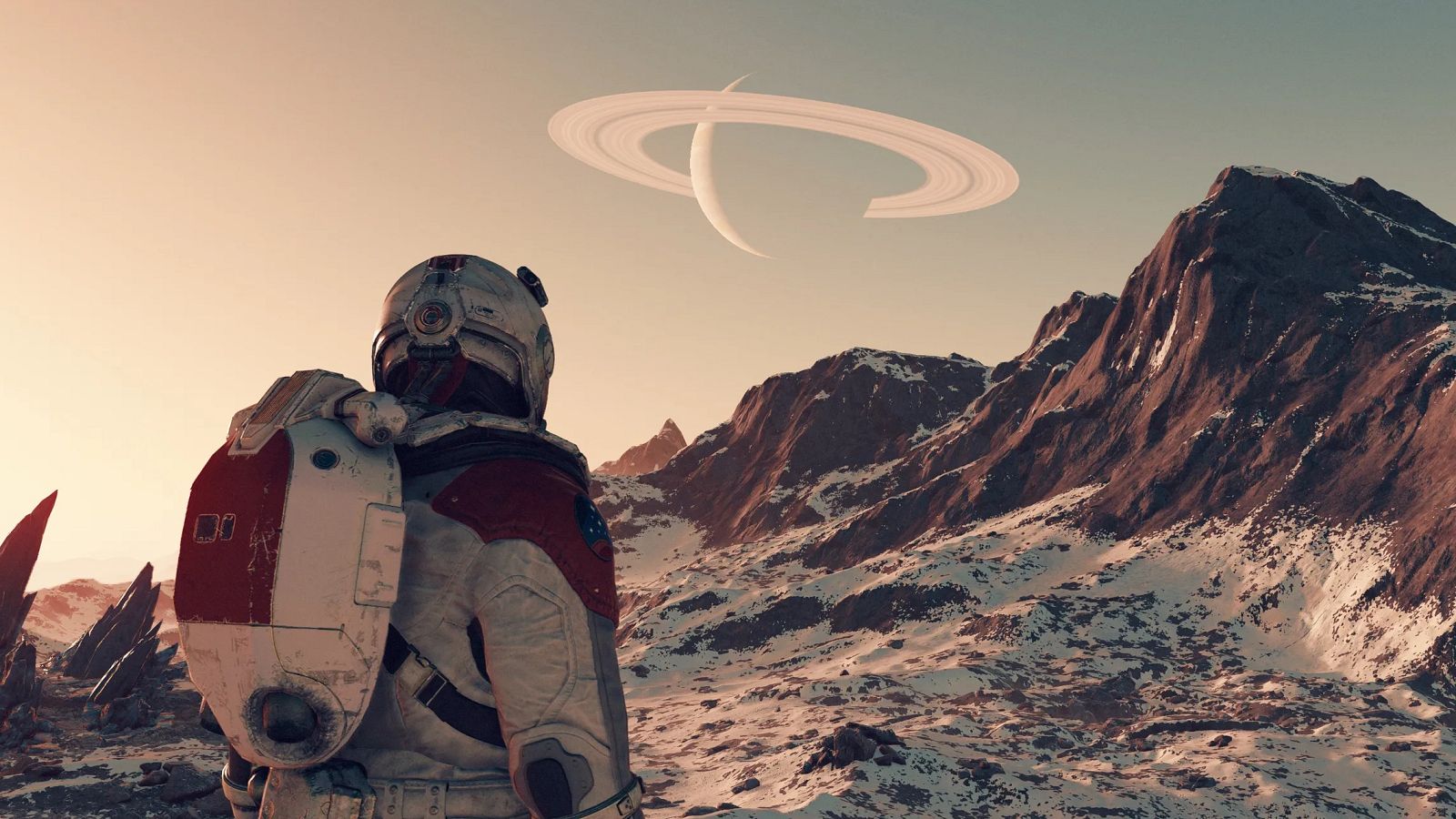 Astronauta ascendiendo al pico de una montaña nevada. De fondo se ve un planeta que recuerda a Saturno