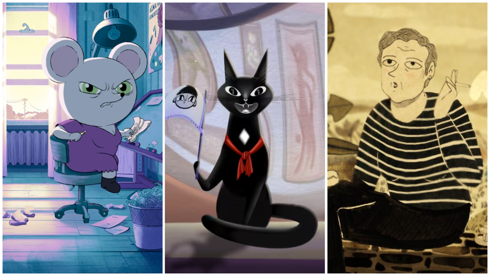 Tres ilustraciones de dibujos animados: un ratón molesto en una oficina, un gato negro con un banderín y un hombre fumando en un entorno paisajístico.