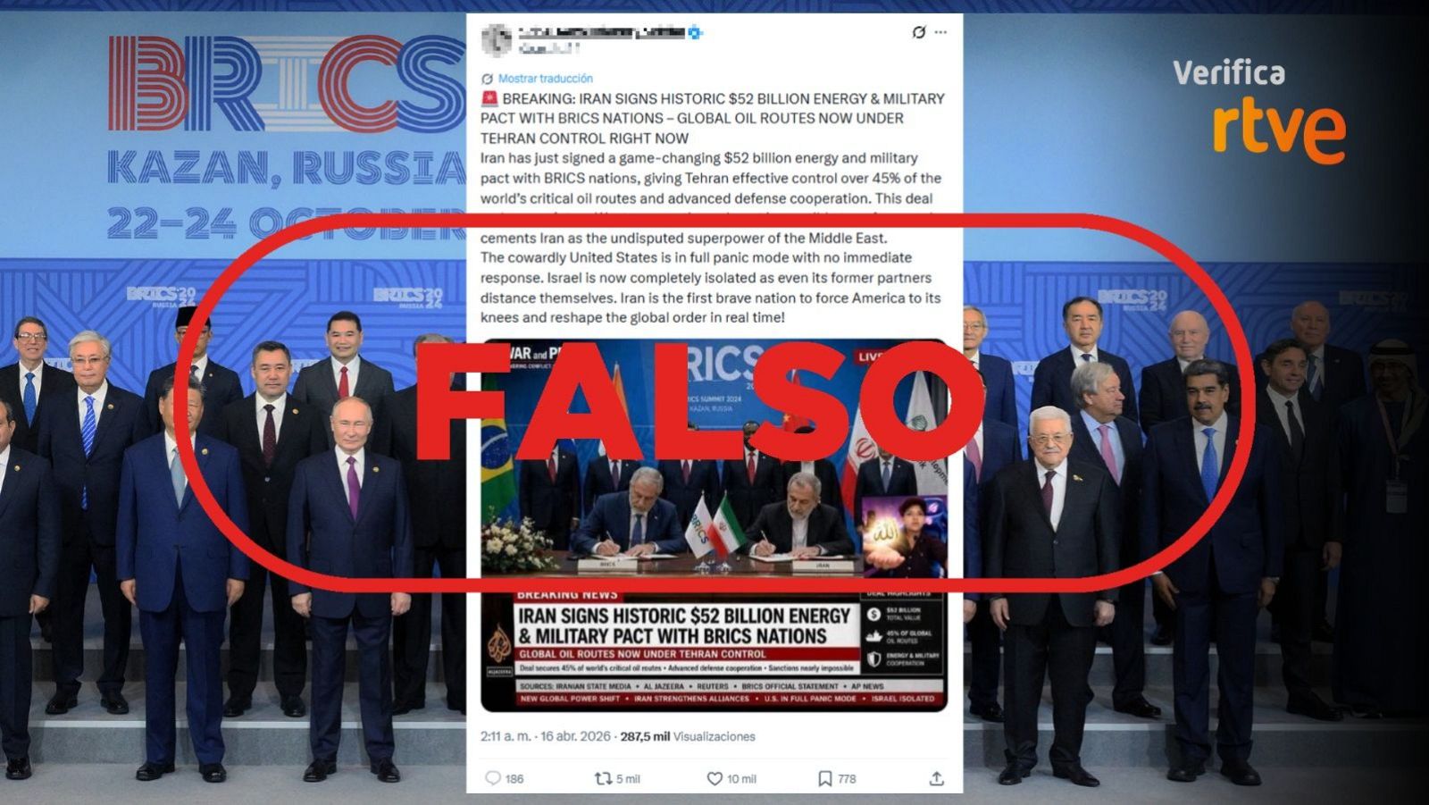 Irán no ha firmado un acuerdo con los BRICS, la foto está creada con IA