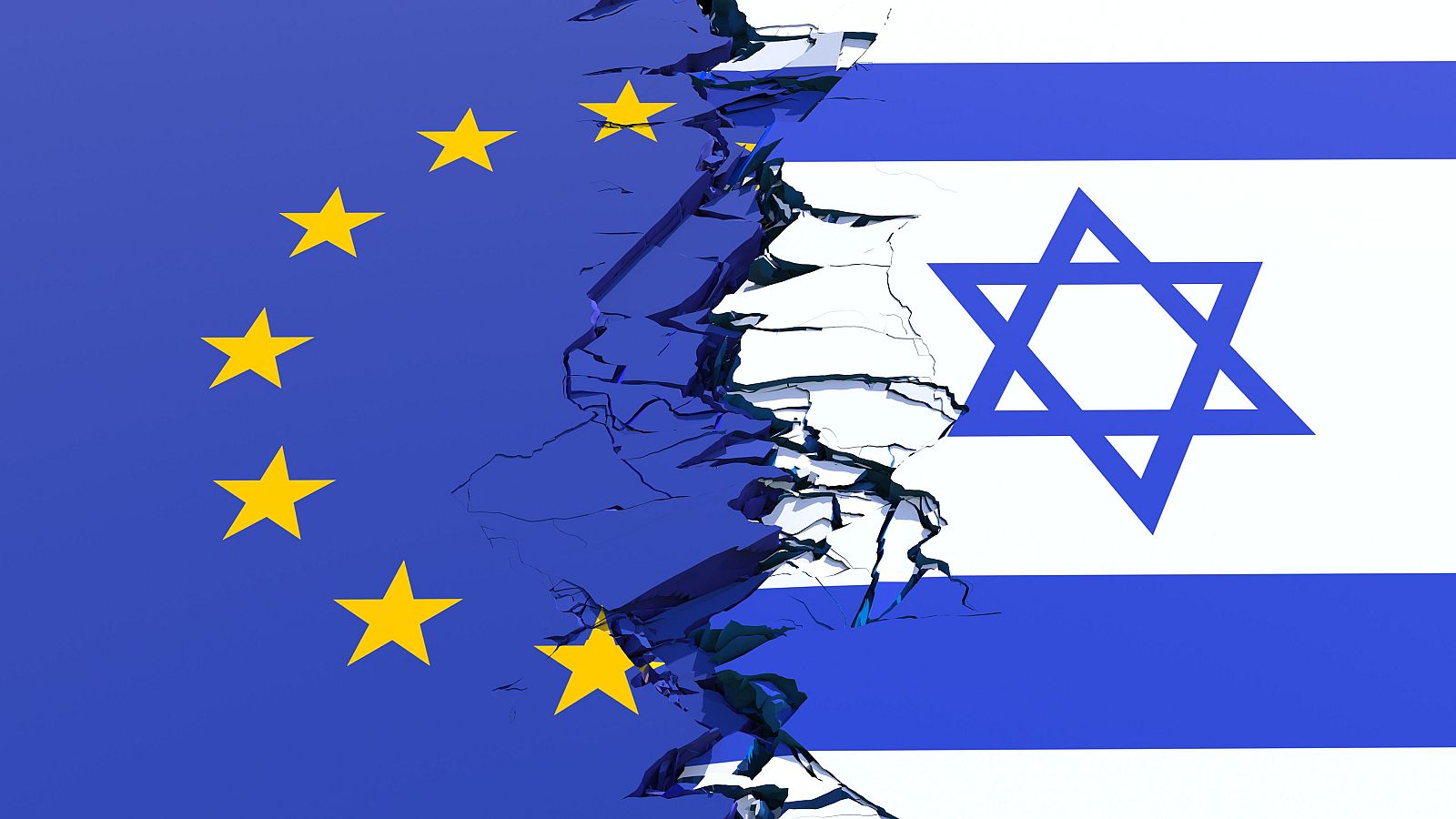 La imagen divide verticalmente las banderas de la Unión Europea e Israel con una grieta, simbolizando tensión en sus relaciones. La bandera de la UE muestra estrellas amarillas sobre fondo azul, mientras que la de Israel presenta la estrella de David.
