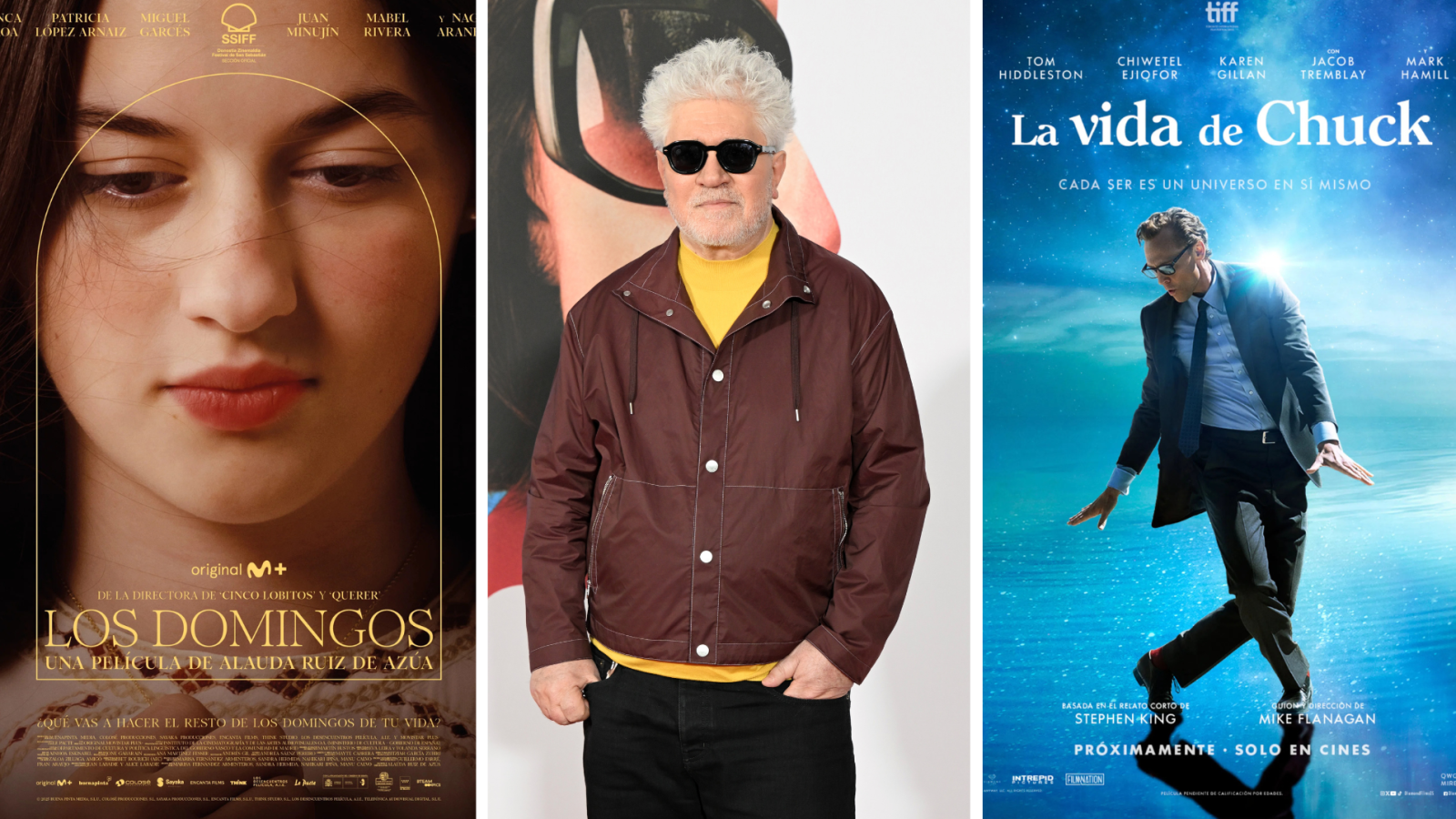 Un collage de imágenes presenta el cartel de "Los Domingos", con nombres y detalles de la película, junto a una fotografía de Pedro Almodóvar y el cartel de "La vida de Chuck", con información sobre el reparto y la dirección.