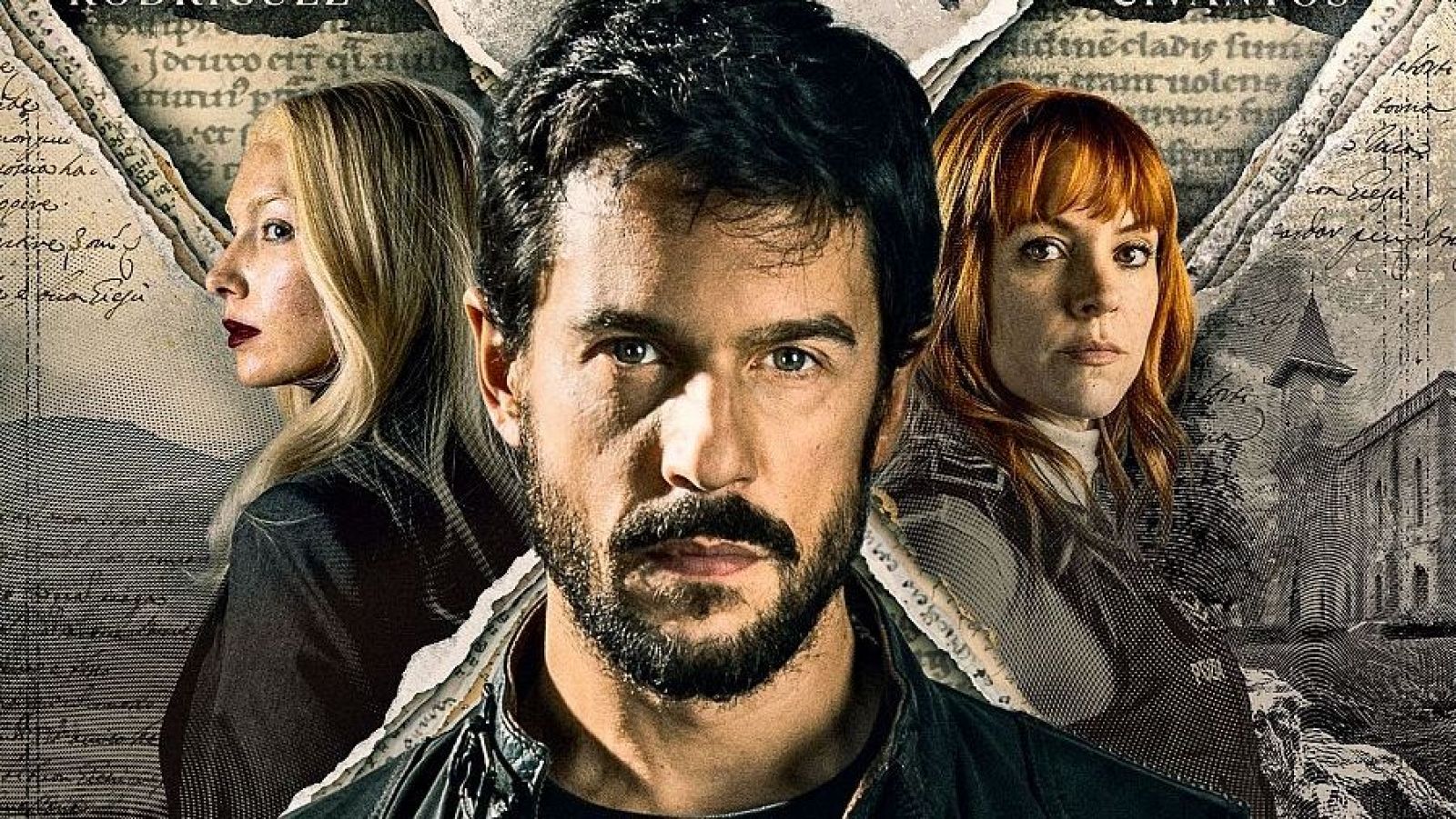 Un cartel promocional muestra a un hombre con barba y dos mujeres, una rubia y otra pelirroja, sobre un fondo que simula páginas de un libro antiguo.