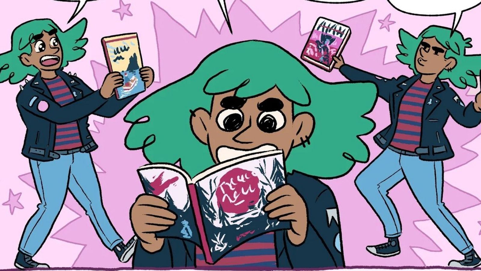 Personaje con cabello verde azulado y chaqueta de motero, en tres viñetas: sosteniendo un libro cerrado, leyendo uno abierto con árboles estilizados, y celebrando con un libro que dice "AHA!".