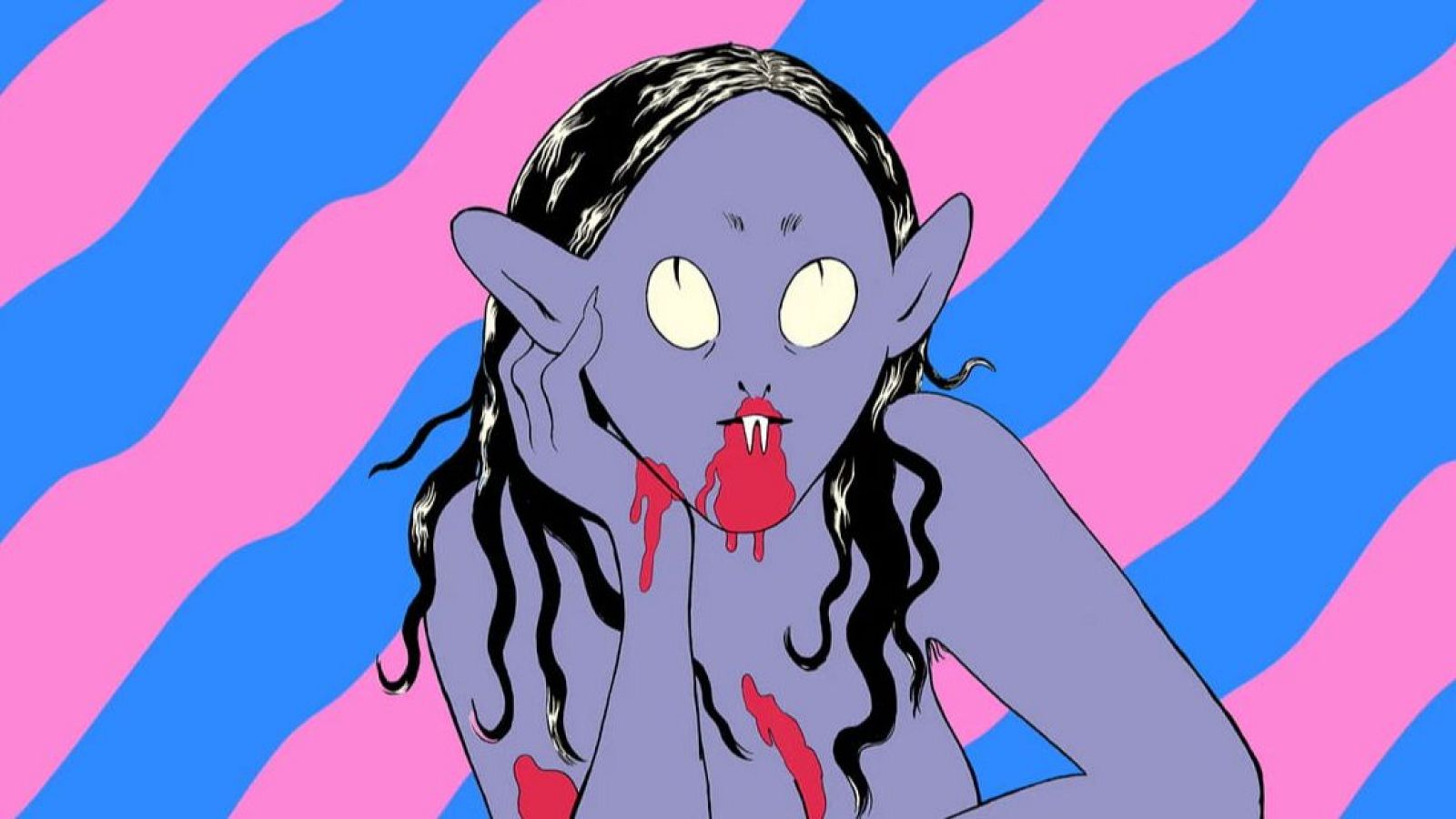 Personaje lila con cabello negro, orejas puntiagudas y ojos amarillos. Sangre gotea de su boca y barbilla. Fondo de franjas azules y rosas.