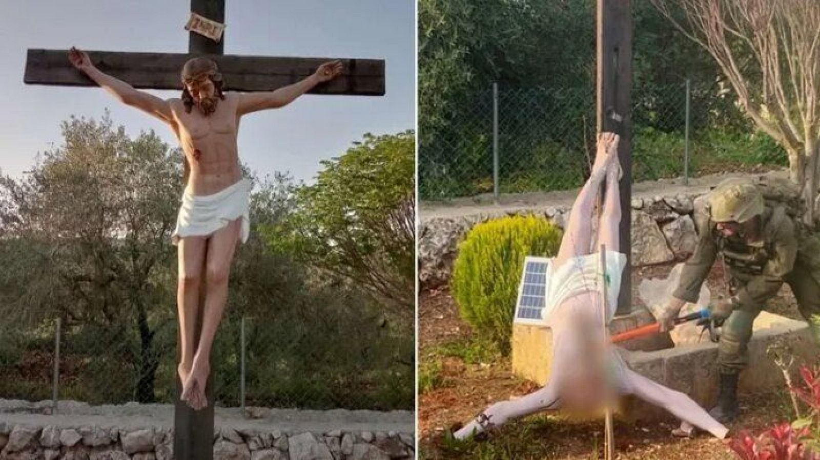 Las Fuerzas de Defensa han confirmado la autenticidad de la fotografía de un soldado de las FDI destruyendo a martillazos un Cristo en el sur de Líbano (d).