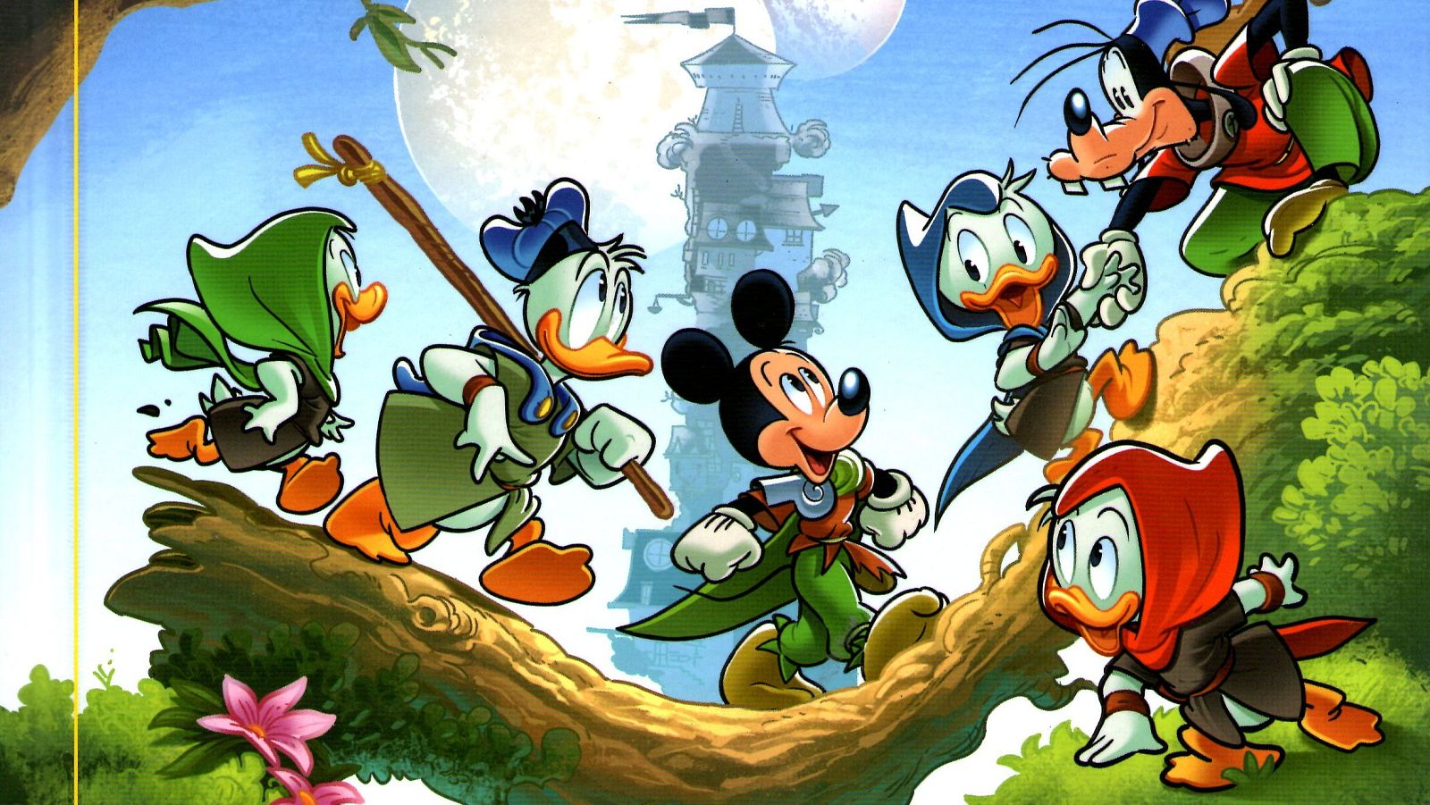 Mickey Mouse, Donald Duck, Huey, Dewey y Louie caminan por una rama, con Goofy uniéndose a la aventura bajo dos lunas y un castillo.