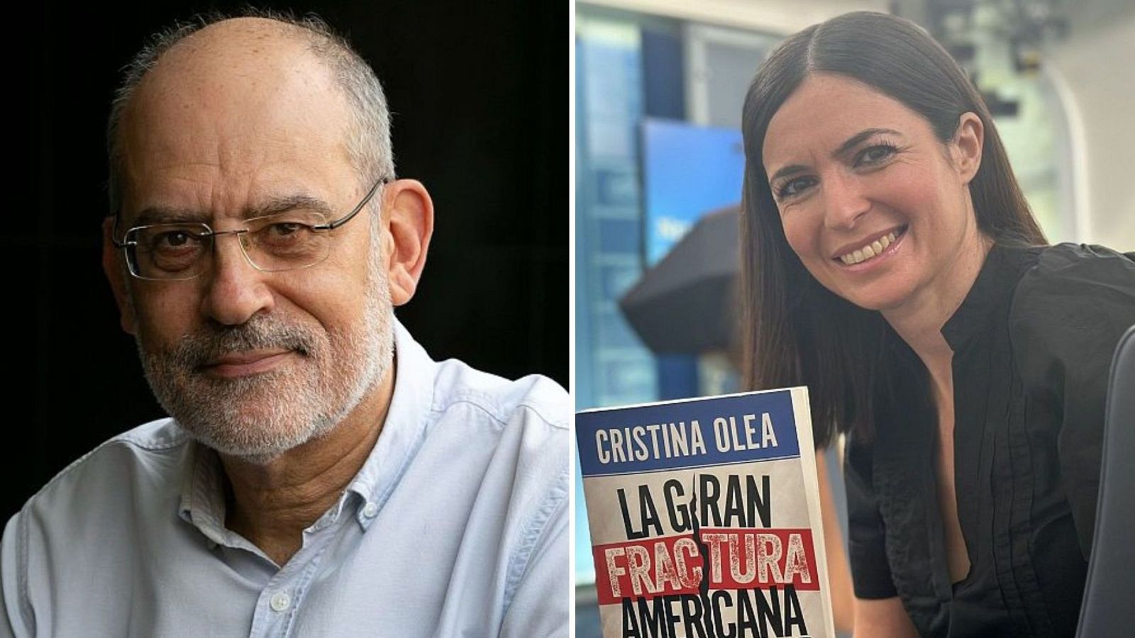 Díptico con retratos de los periodistas José Antonio Guardiola y Cristina Olea. Ella sostiene su libro "LA GRAN FRACTURA AMERICANA".