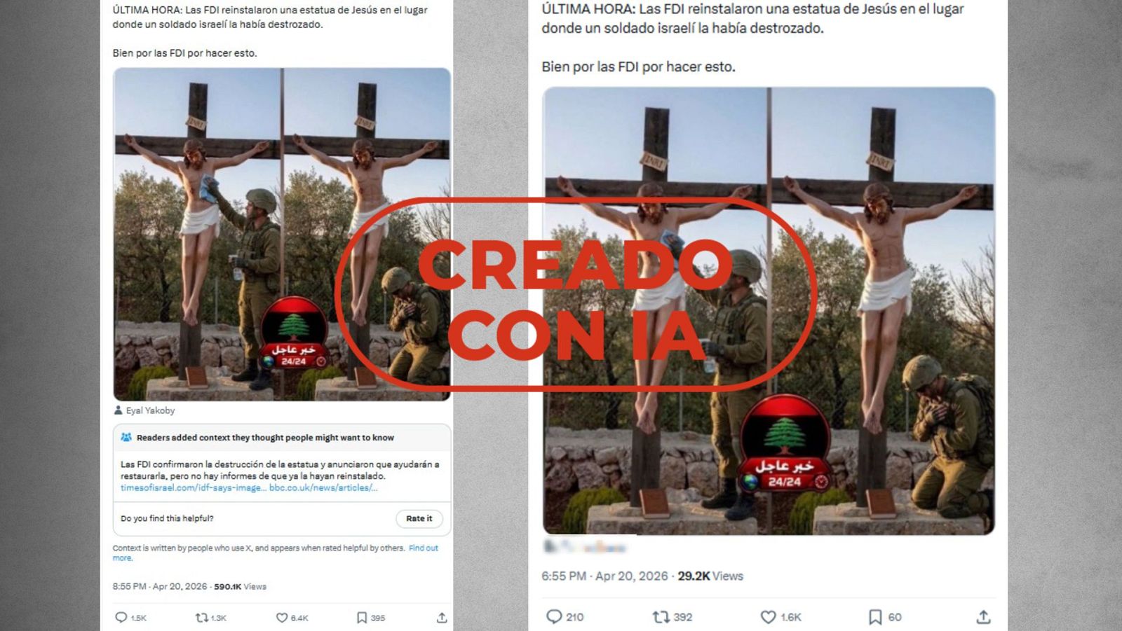 No es un militar israelí reinstalando la estatua de Cristo, es IA