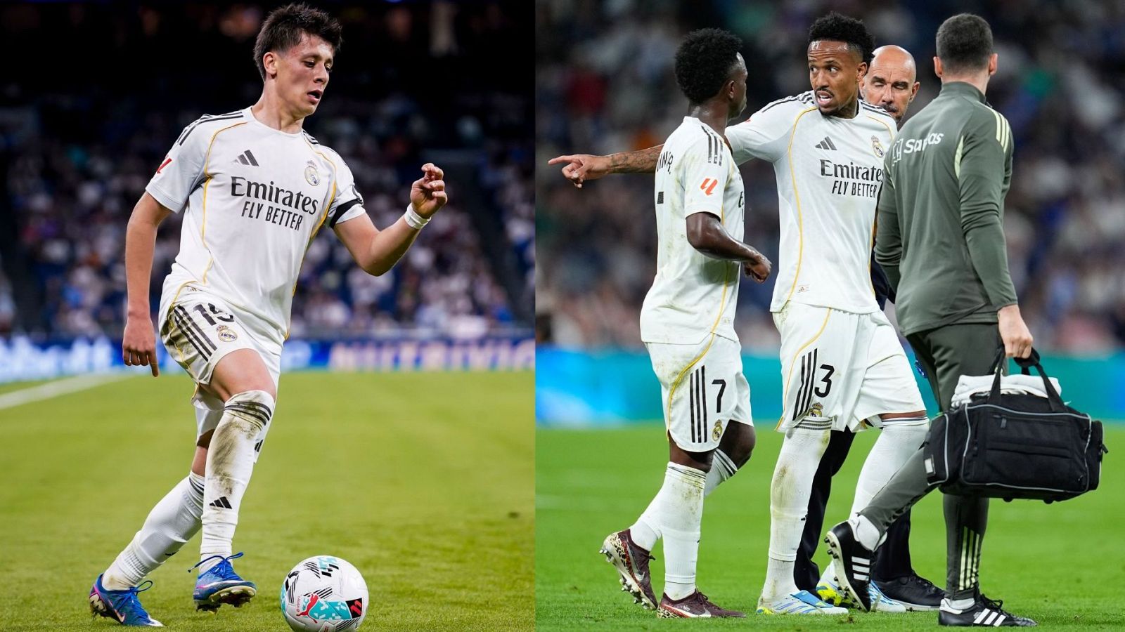 Díptico de fútbol: Dani Ceballos en acción y Éder Militão siendo asistido por lesión, con Vinicius Jr. presente. Ambos jugadores del Real Madrid.