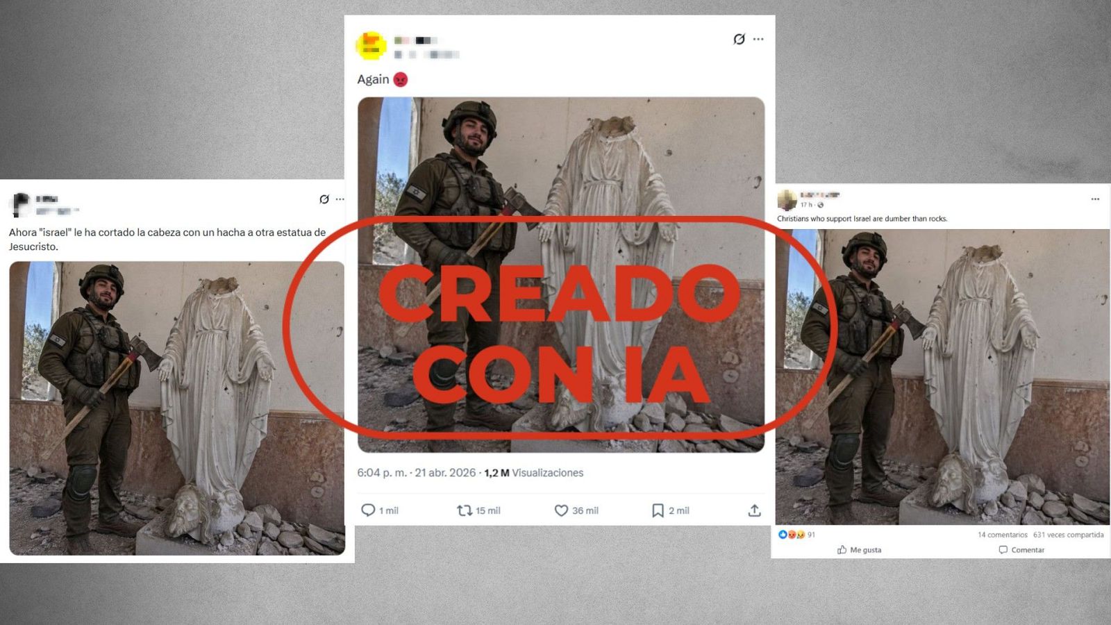 No es un soldado israelí decapitando una estatua de Cristo, es IA