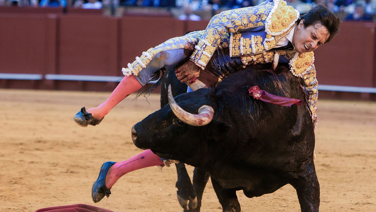 Momento en el que un toro coge a Roca Rey en la plaza de la Maestranza de Sevilla