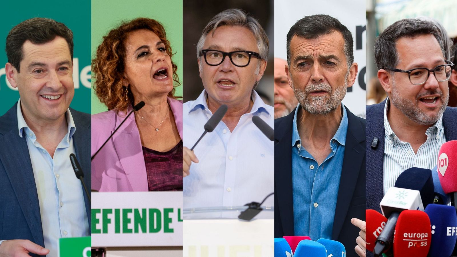 Los candidatos de los cinco partidos con representación en el Parlamento andaluz.