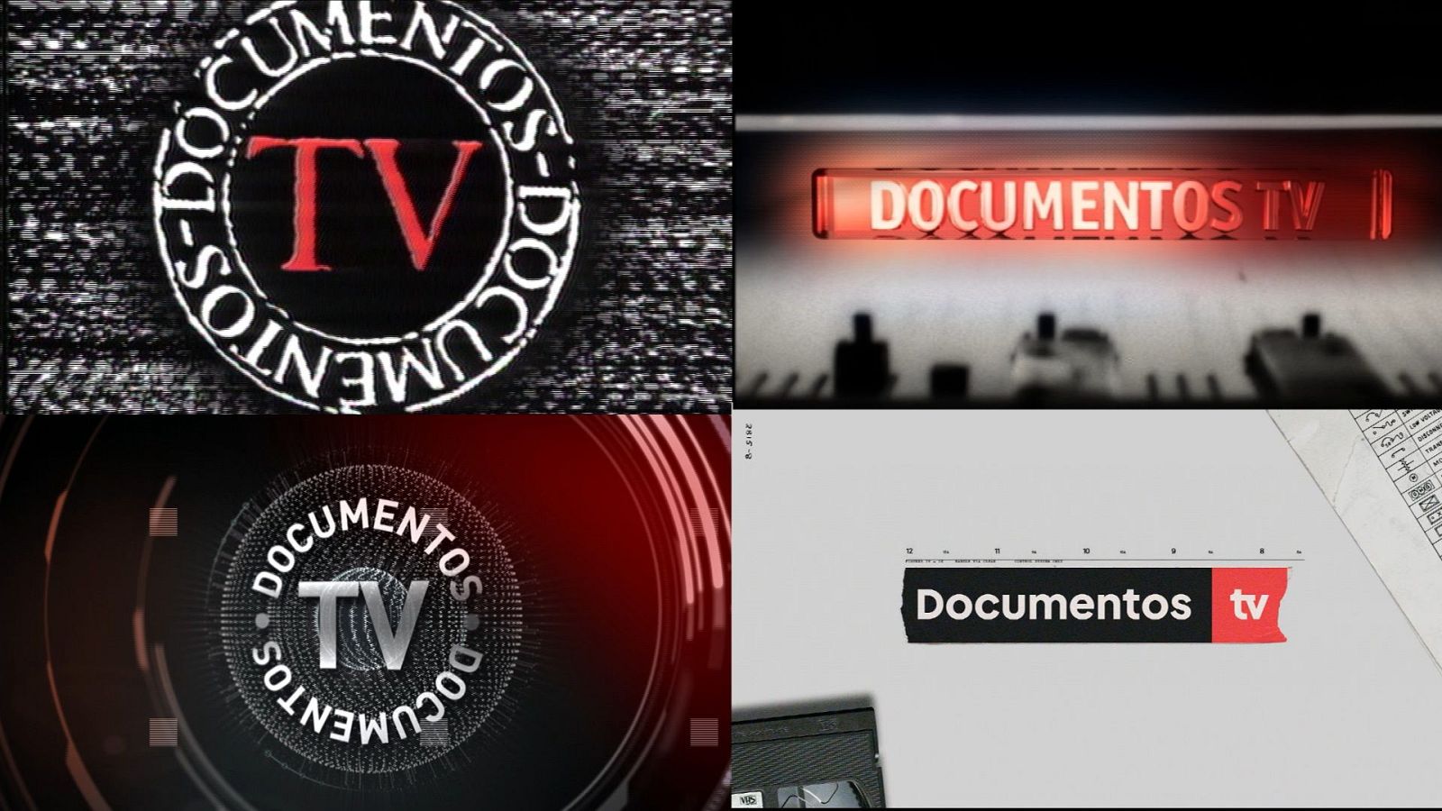 Collage de cuatro logotipos de "Documentos TV", mostrando su evolución a través de diferentes décadas con estilos circulares, metálicos y modernos.