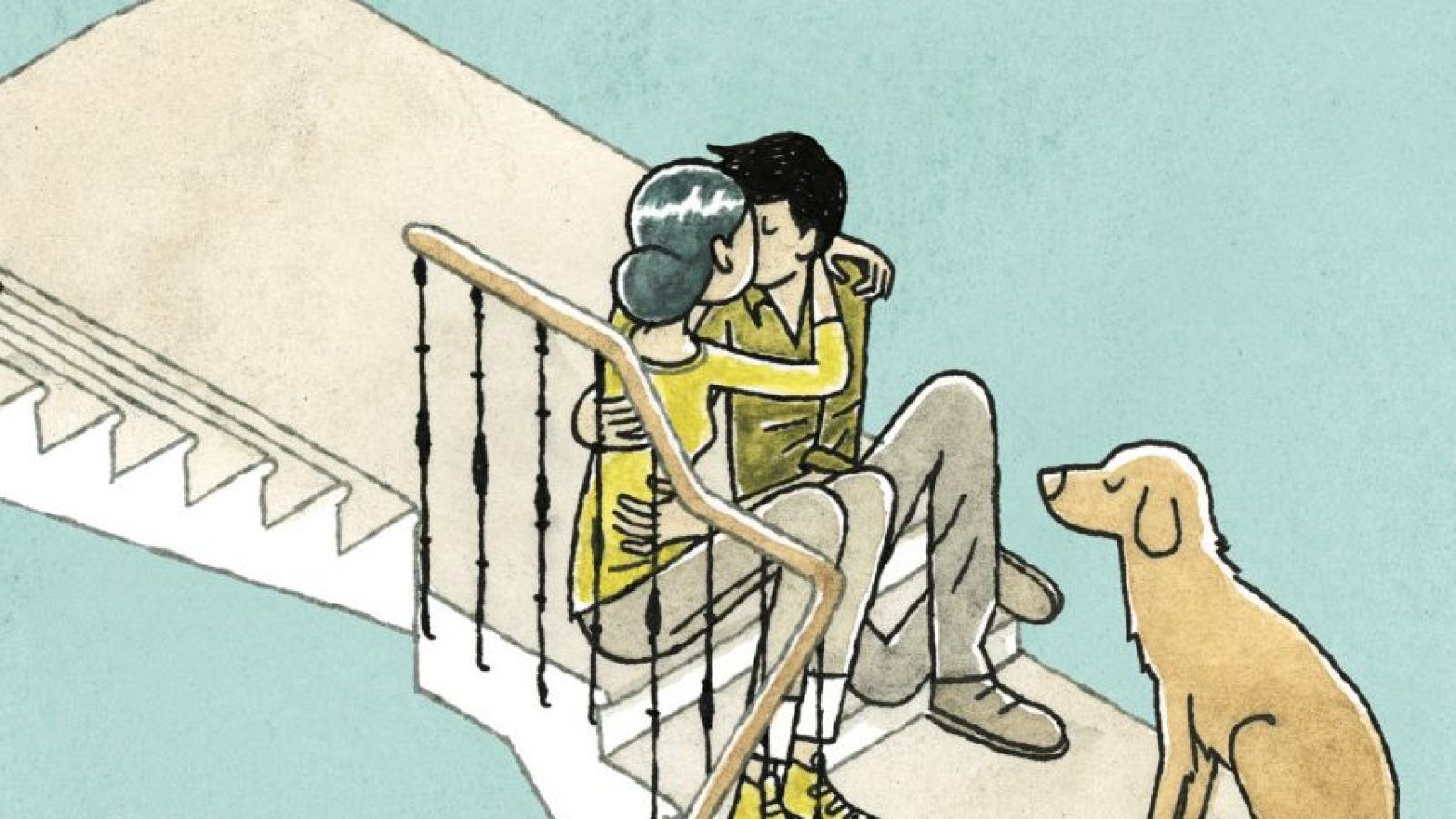 Pareja besándose en escalones con perro observando. Ilustración cómic.