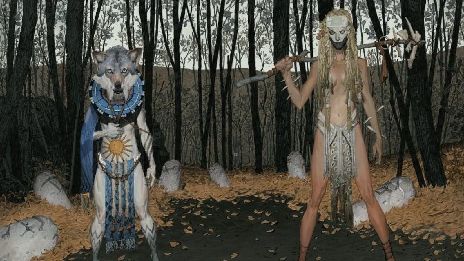 Ilustración de cómic con un lobo místico y una mujer con máscara de calavera en un bosque otoñal con lápidas.