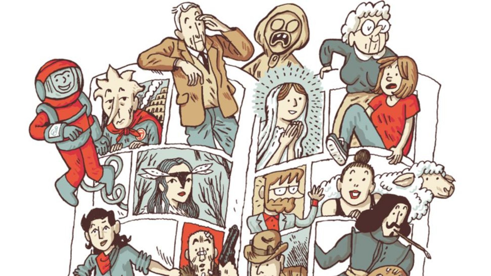 Ilustración de Alfonso Zapico para celebrar los 25 años de Astiberri, con personajes de cómic español en estilo caricaturesco y colores vivos sobre fondo blanco.