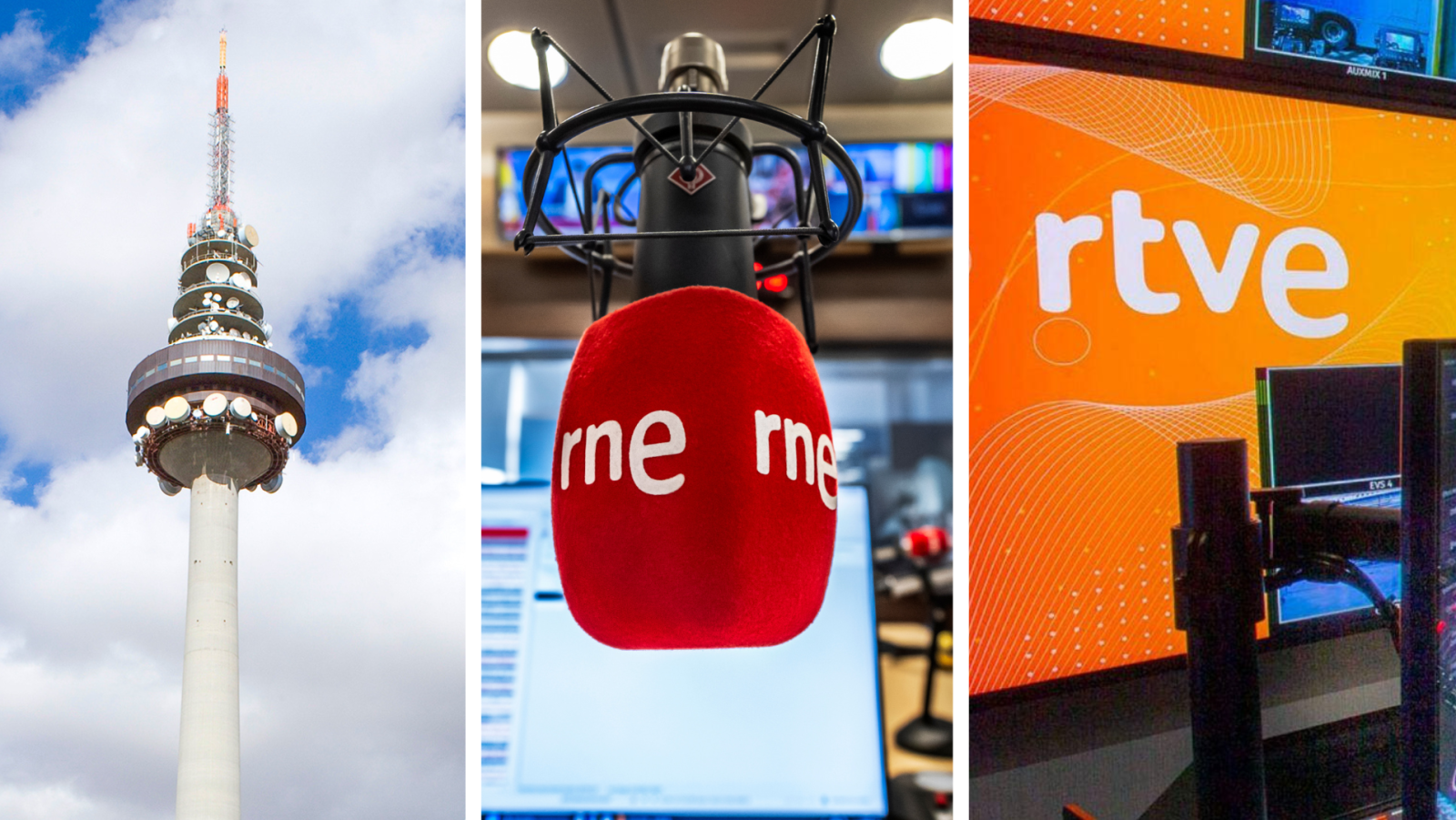 Tríptico de RTVE: Torre de Torrespaña, micrófono de RNE con funda roja y pantalla digital de RTVE. Representa radio, TV y plataformas digitales.